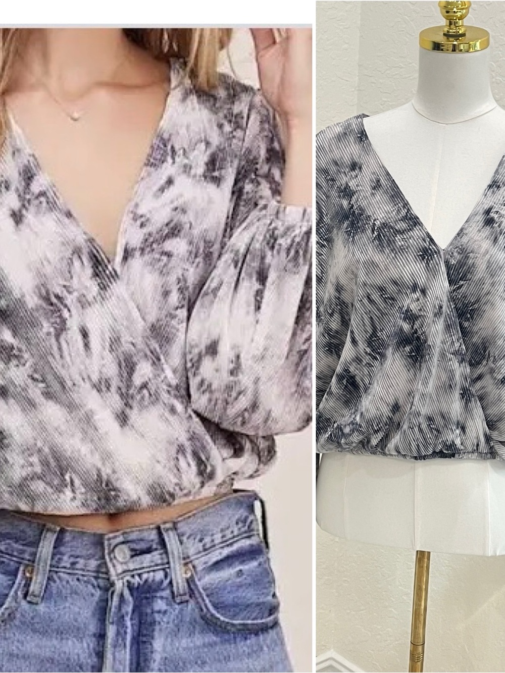Astr Tie-Dye Surplice Blouse in Black & White